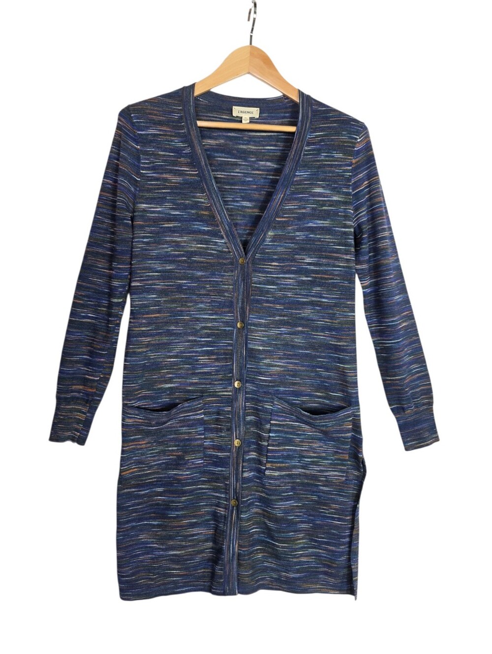 L'agence Navy Space dye  print Knit mid length button down cardigan Side slit
